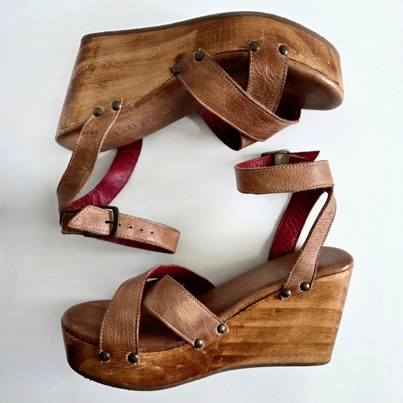 Bed Stu Wood Wedge Sandals With Neutral Leather Uppers, Ankle Strap, Studs, 9.5 - Picture 6 of 16